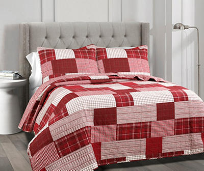 Greenville White & Red Plaid Patchwork Full/Queen 3-Piece Quilt Set
