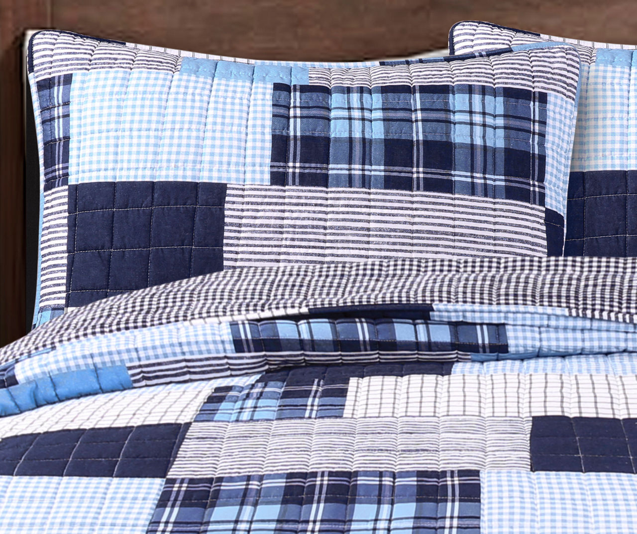 Greenville Navy & Blue Plaid Patchwork Full/Queen 3-Piece Quilt Set