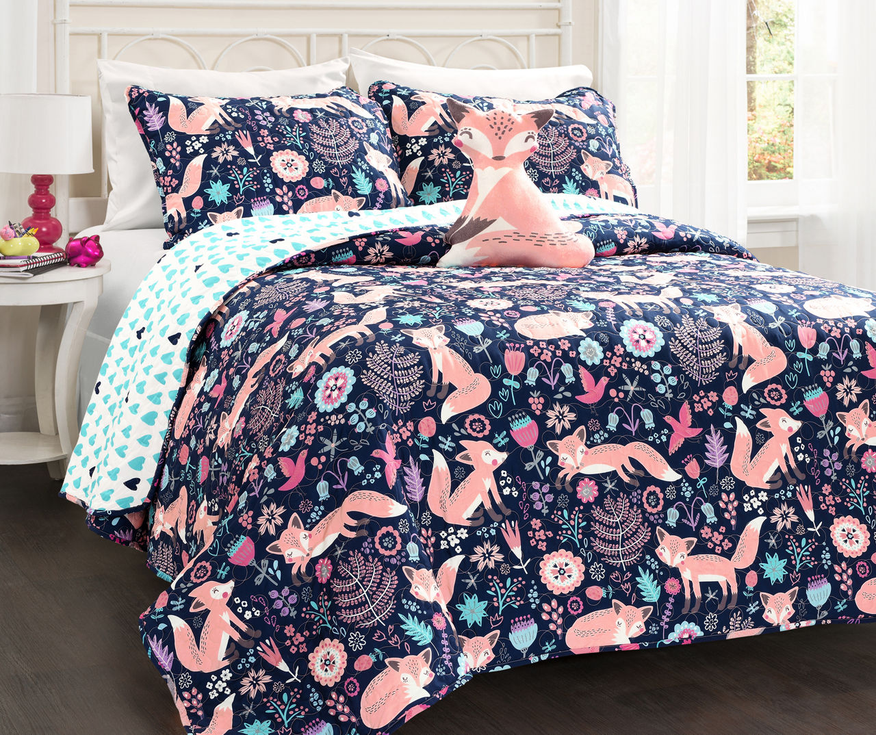 Pixie Fox Navy & Pink Floral Twin 3-Piece Quilt Set