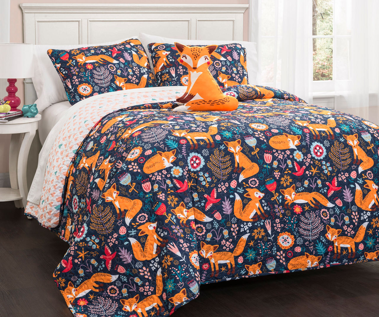 Pixie Fox Navy & Orange Floral Full/Queen 4-Piece Quilt Set
