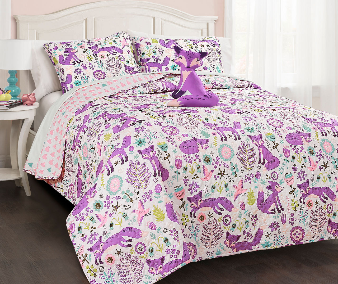 Pixie Fox White & Purple Floral Full/Queen 4-Piece Quilt Set