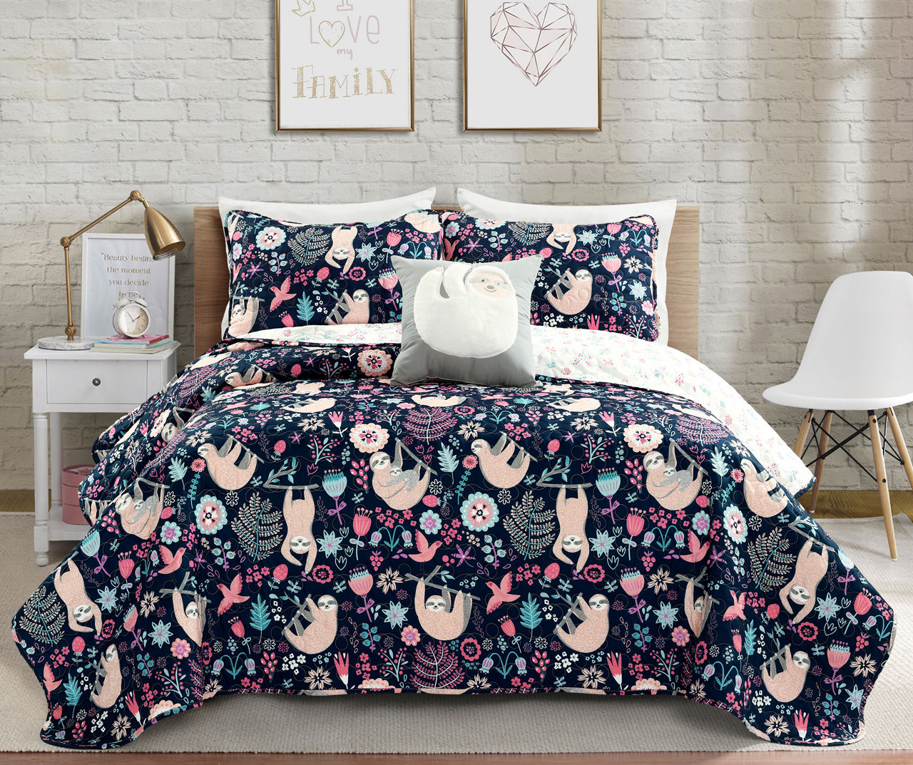 Hygge Navy & Pastel Floral Sloth Reversible Twin 3-Piece Quilt Set