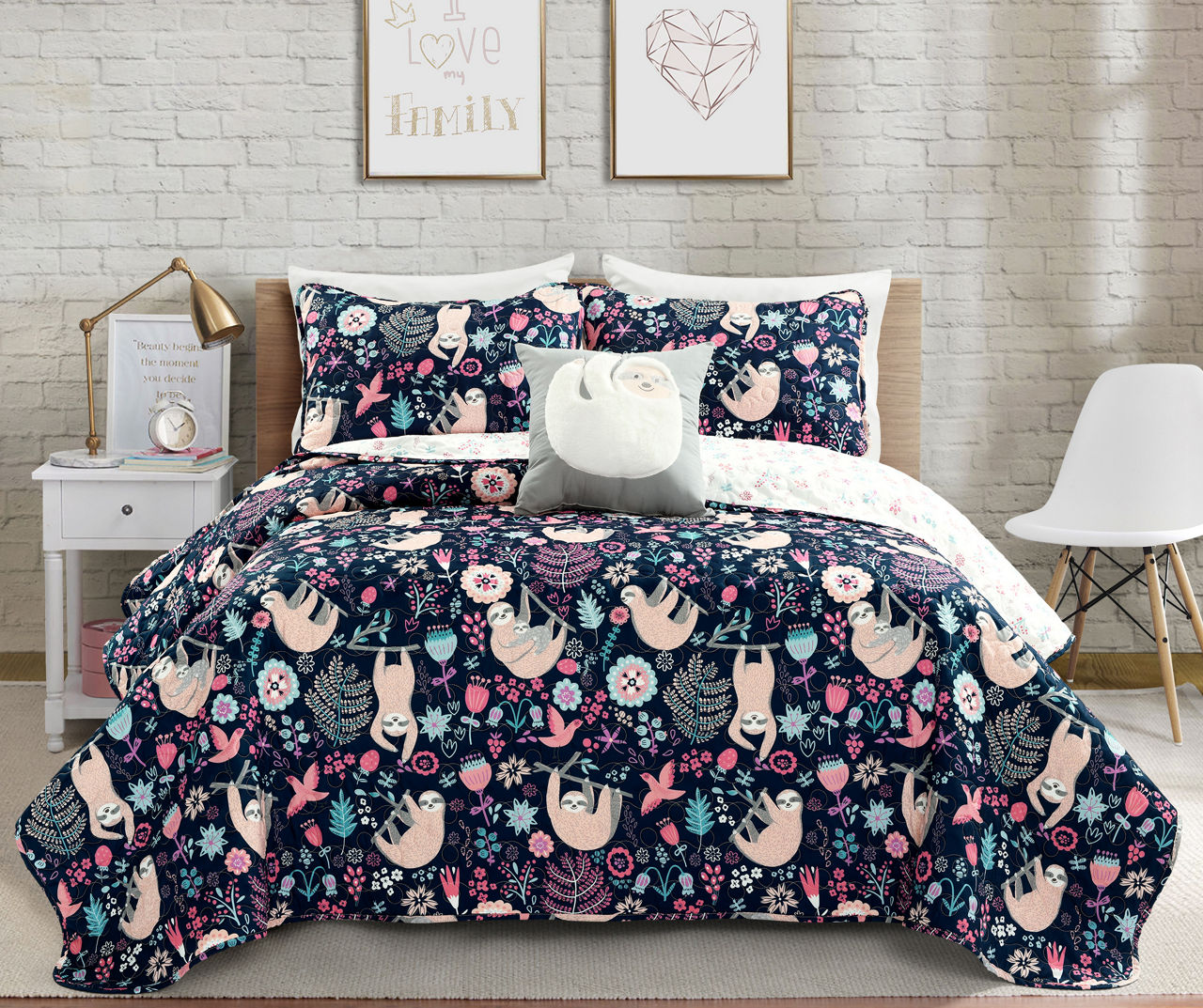 Hygge Navy & Pastel Floral Sloth Reversible Full/Queen 4-Piece Quilt Set