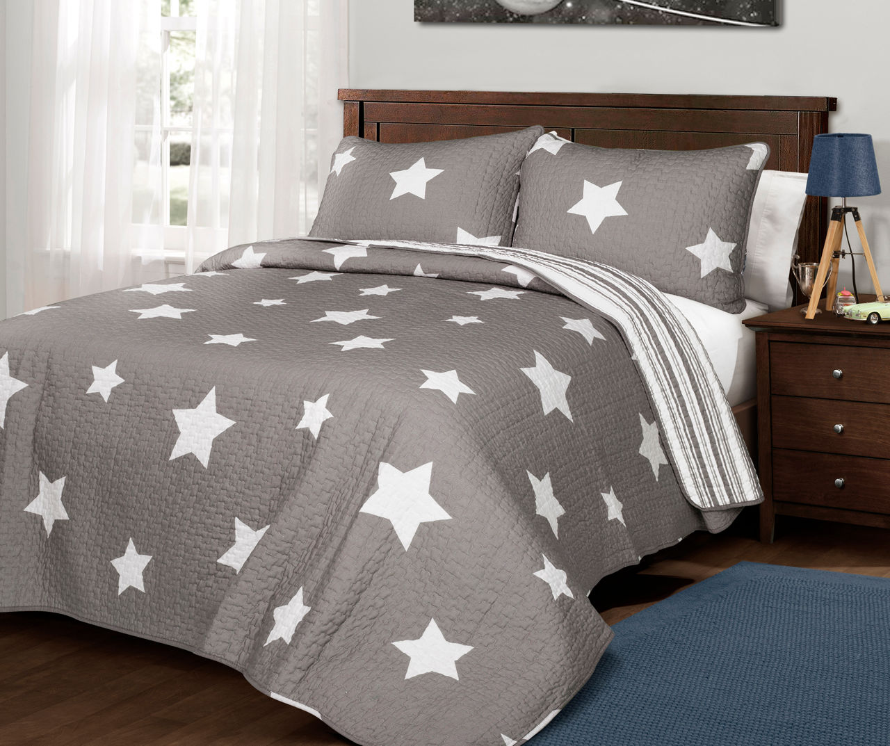 Gray & White Stars Twin 2-Piece Quilt Set