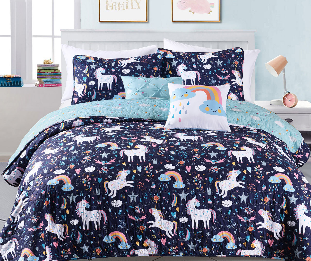 Navy, Pink & Blue Unicorn Heart Print Full/Queen 5-Piece Quilt Set