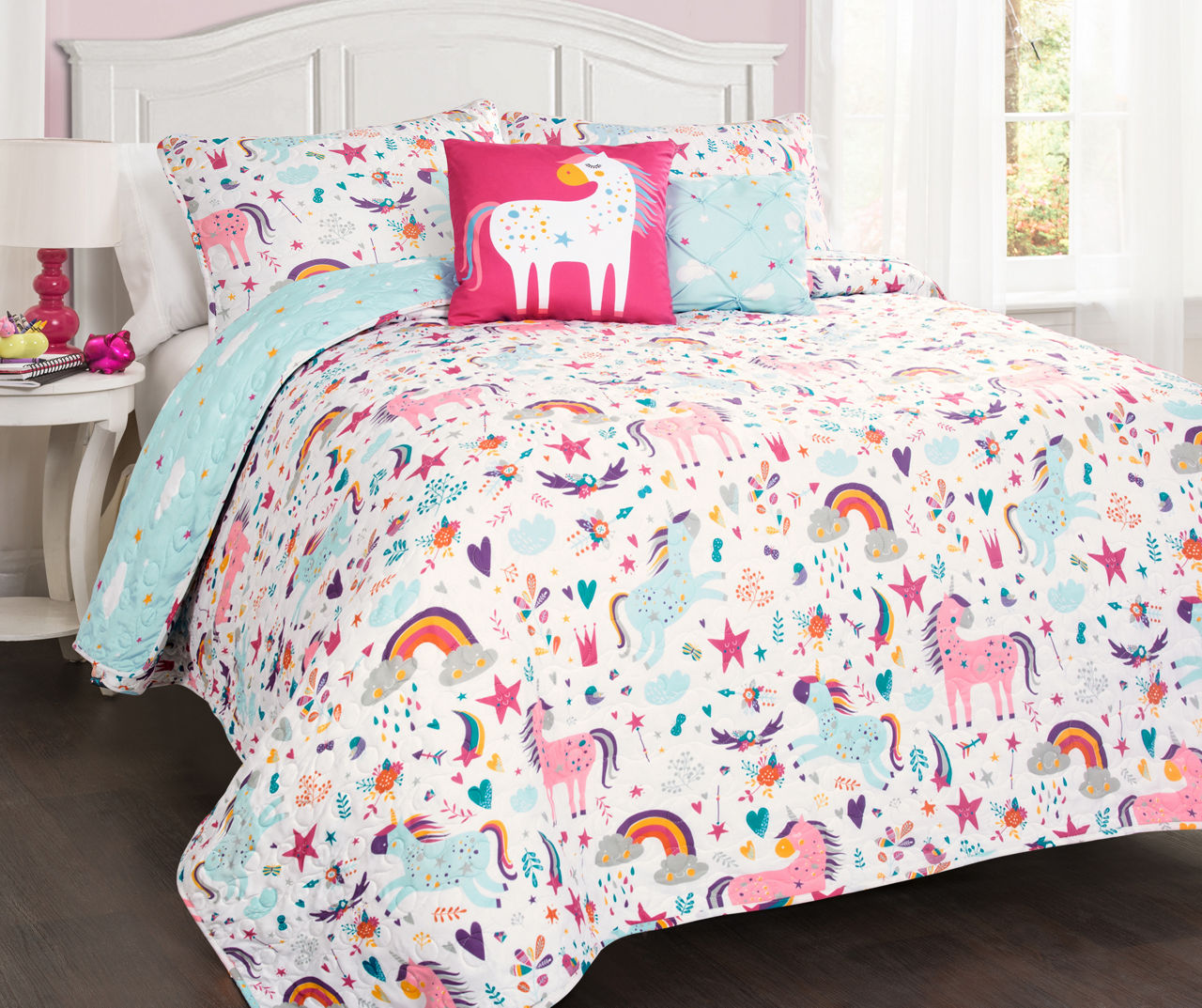 White, Pink & Blue Unicorn Heart Print Full/Queen 5-Piece Quilt Set