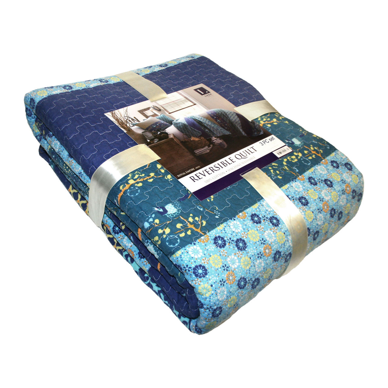 Royal Empire Peacock & Royal Blue Pattern Block King 3-Piece Quilt Set