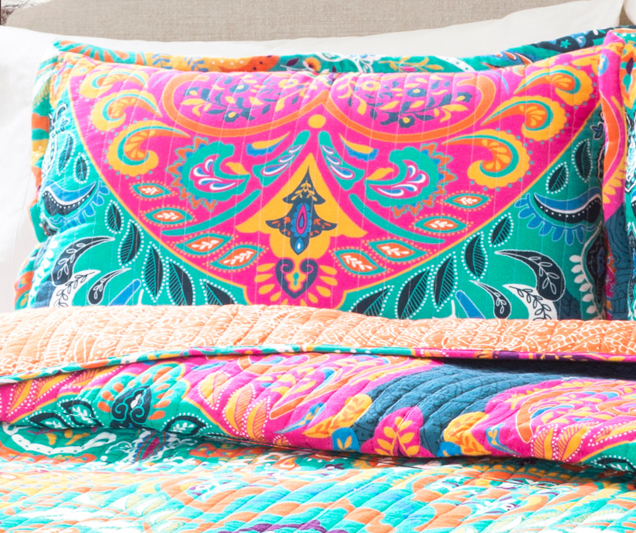 Bohemian Orange & Blue Reversible 3 Piece Quilt Set