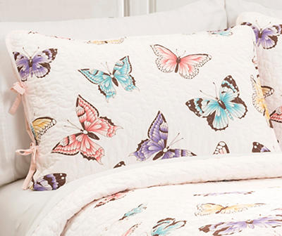 White & Pink Flutter Butterfly Ruffle Reversible Twin 2-Piece Quilt Set