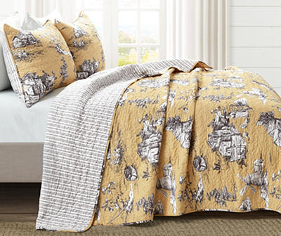 French Pastoral Toile Reversible 3-Piece Quilt Set