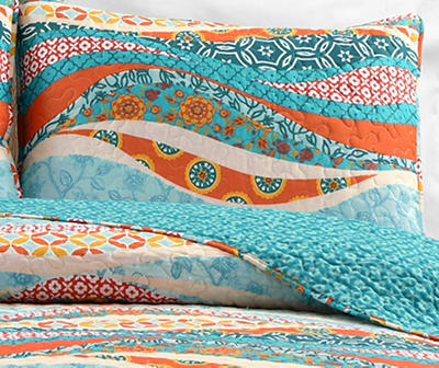 Hailey Turquoise & Orange Pattern Wave Reversible Full/Queen 3-Piece Quilt Set
