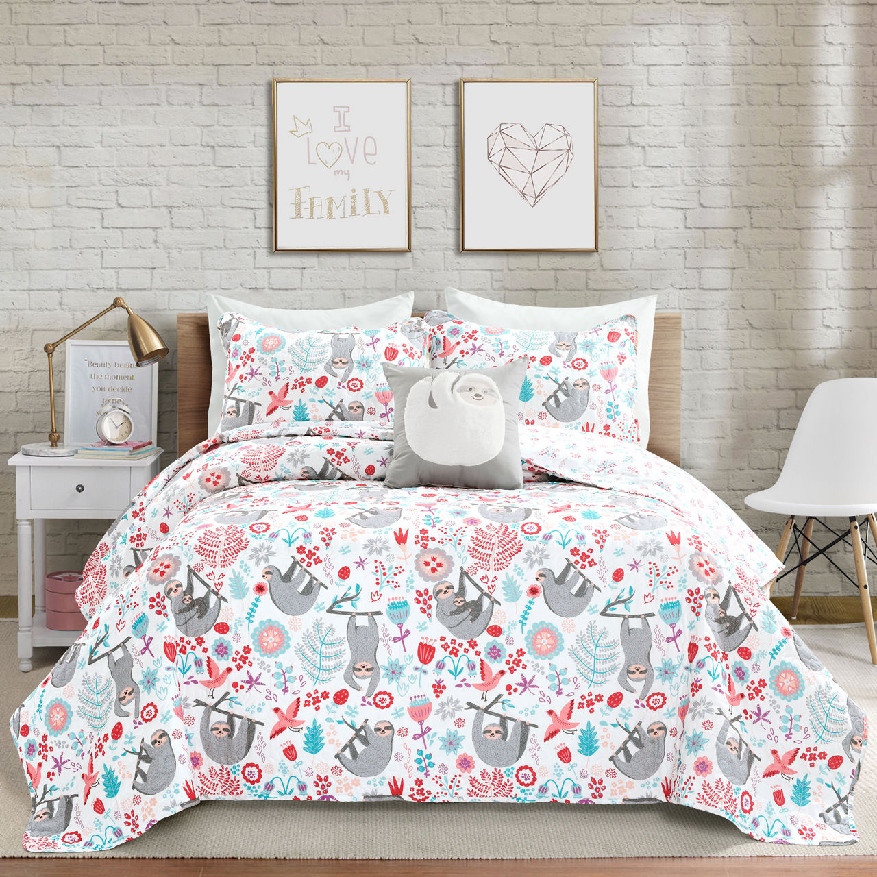 Hygge White, Mint & Red Floral Sloth Reversible Twin 3-Piece Quilt Set