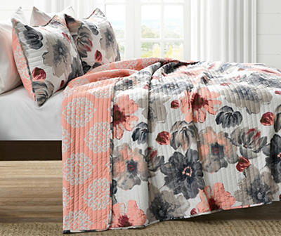Leah Coral & Gray Floral Reversible King 3-Piece Quilt Set