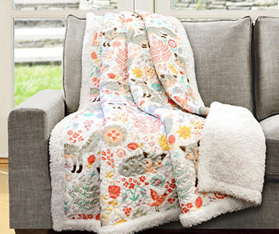 Pixie White & Gray Floral Fox Quilted Sherpa Throw, (50" x 60")
