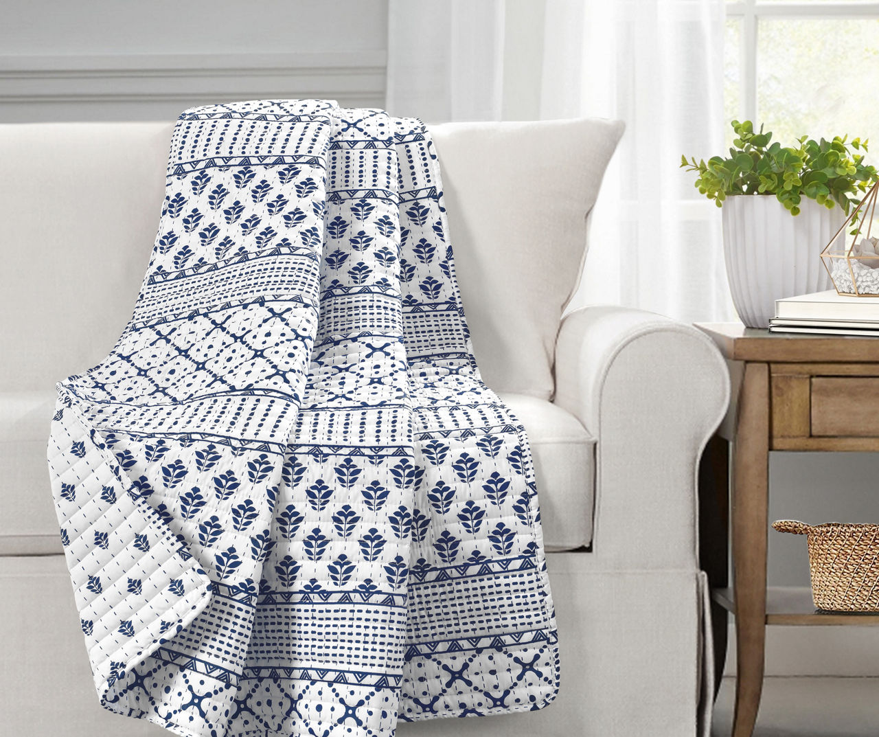 Monique White & Navy Pattern Patchwork Quilted Throw, (50