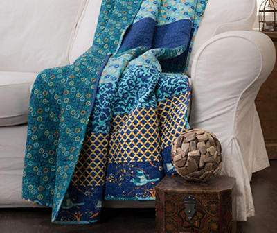 Royal Empire Peacock & Royal Blue Pattern Block Quilted Throw, (50