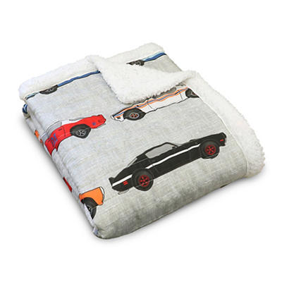 Beige Multicolor Race Cars Quilted Sherpa Throw, (50