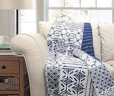 White & Blue Pattern Patchwork Monique Quilted Throw, (50