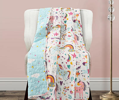 White, Pink & Blue Unicorn Heart Print Quilted Throw, (50