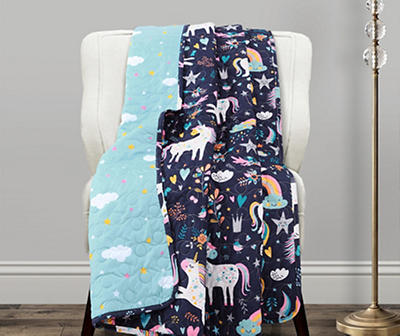 Navy, Pink & Blue Unicorn Heart Print Quilted Throw, (50