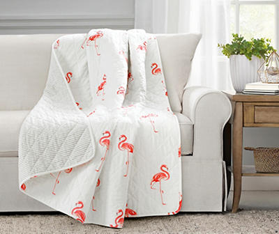 White & Coral Flamingo Kelly Quilted Throw, (50