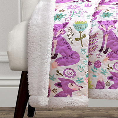 Pixie White & Purple Floral Fox Quilted Sherpa Throw, (50
