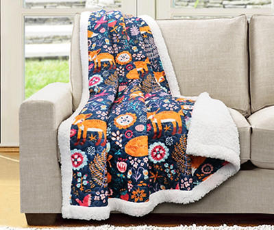 Pixie Navy & Orange Floral Fox Quilted Sherpa Throw, (50