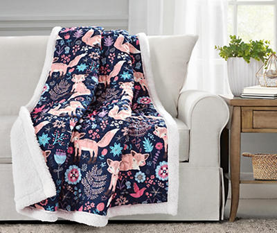 Pixie Navy & Pink Floral Fox Quilted Sherpa Throw, (50
