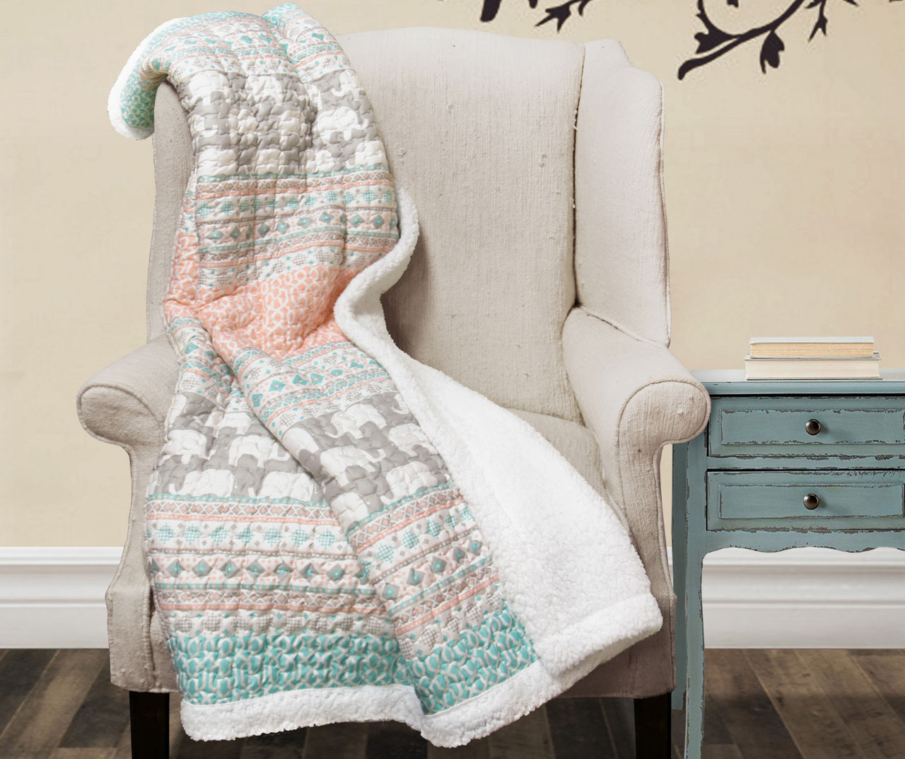 Turquoise & Pink Elephant Stripe Quilted Sherpa Throw, (50