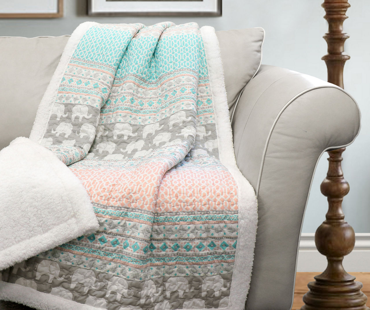 Turquoise & Pink Elephant Stripe Quilted Sherpa Throw, (50