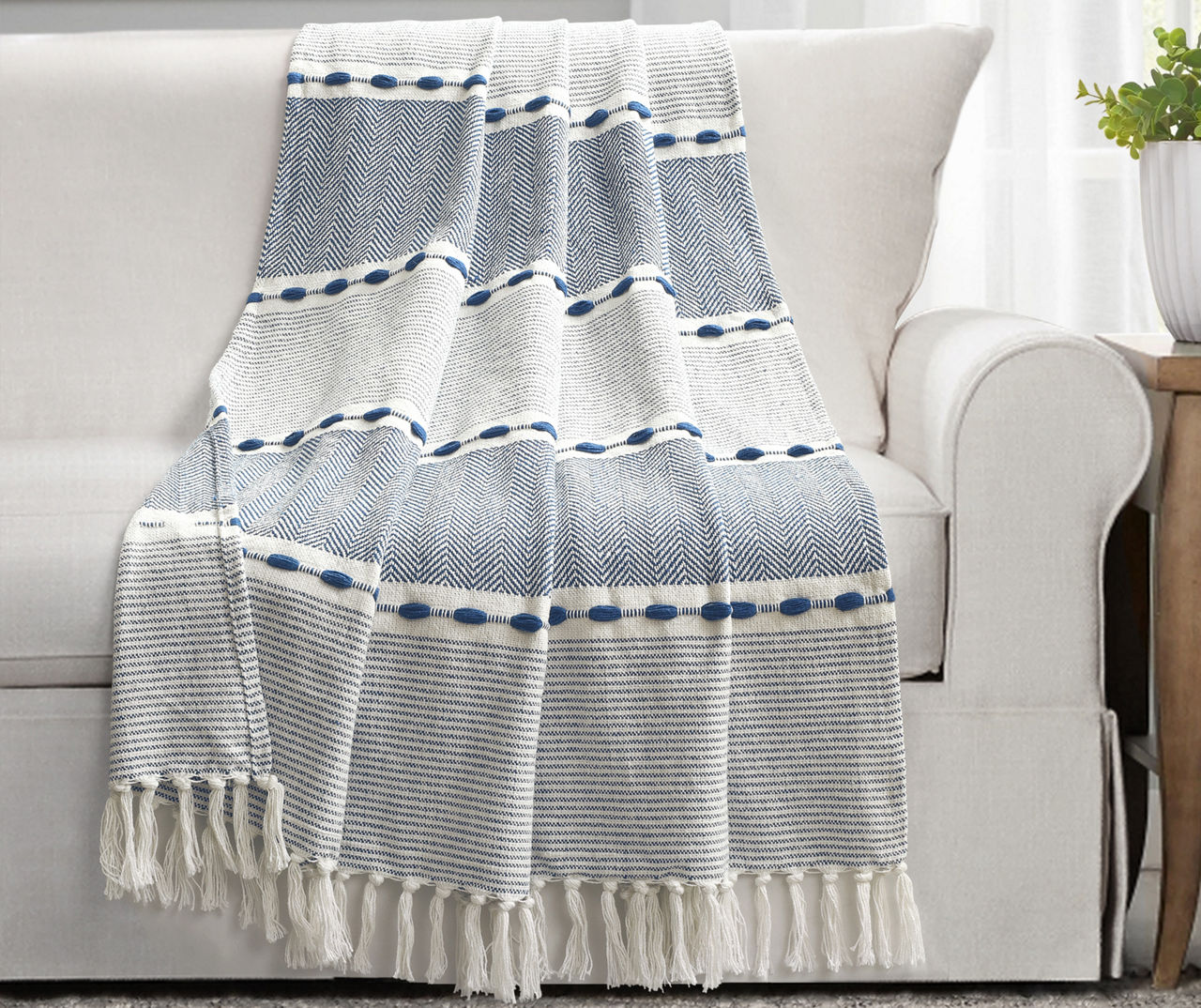 Navy & White Thread-Stripe Herringbone Tassel-Trim Throw, (50