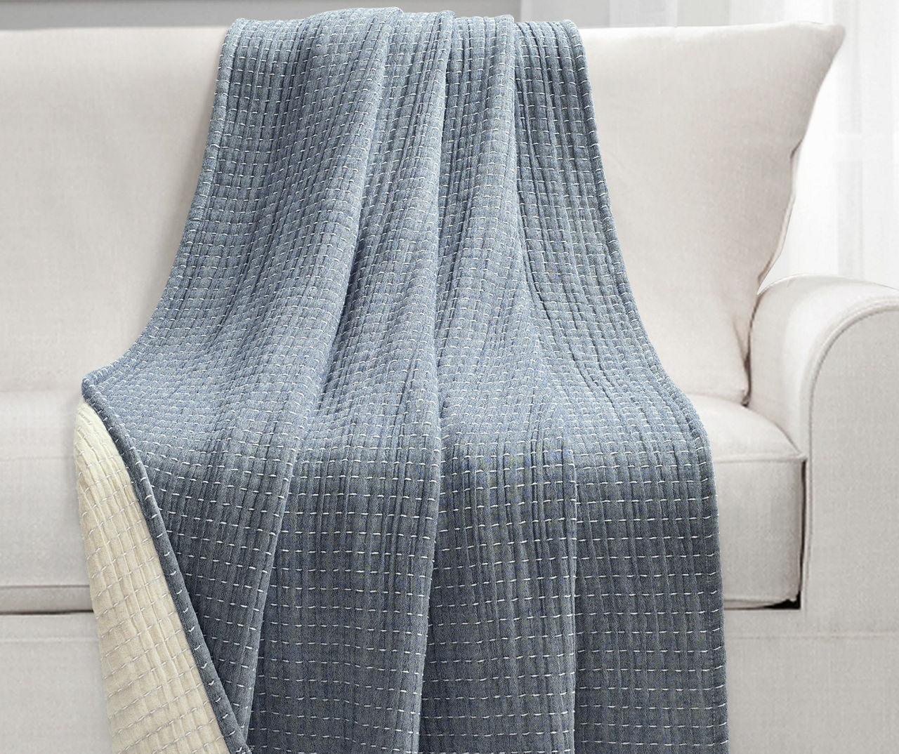 Kantha Navy & Off-White Stitch-Row Throw, (50