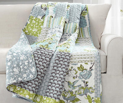 Blue & White Floral Patchwork Roesser Quilted Throw, (50