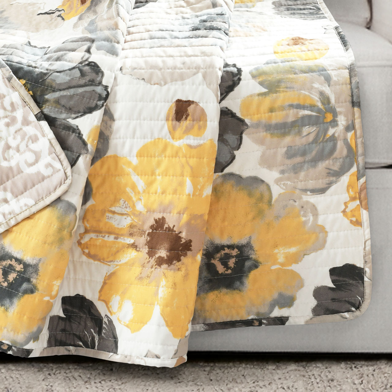 Leah Yellow & Gray Floral Quilted Throw, (50