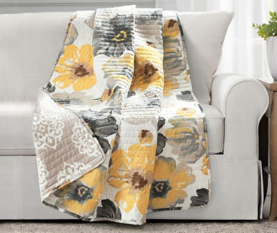 Leah Yellow & Gray Floral Quilted Throw, (50