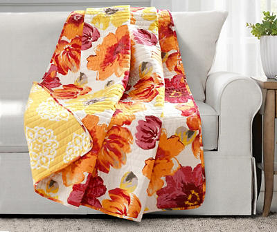 Leah Red & Orange Floral Quilted Throw, (50