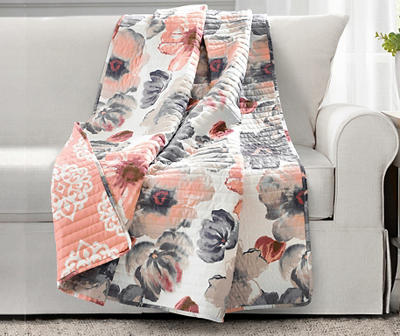 Leah Coral & Gray Floral Quilted Throw, (50