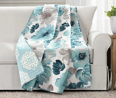 Leah White & Blue Floral Quilted Throw, (50