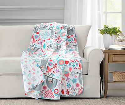 Hygge White, Mint & Red Floral Sloth Quilted Throw, (50