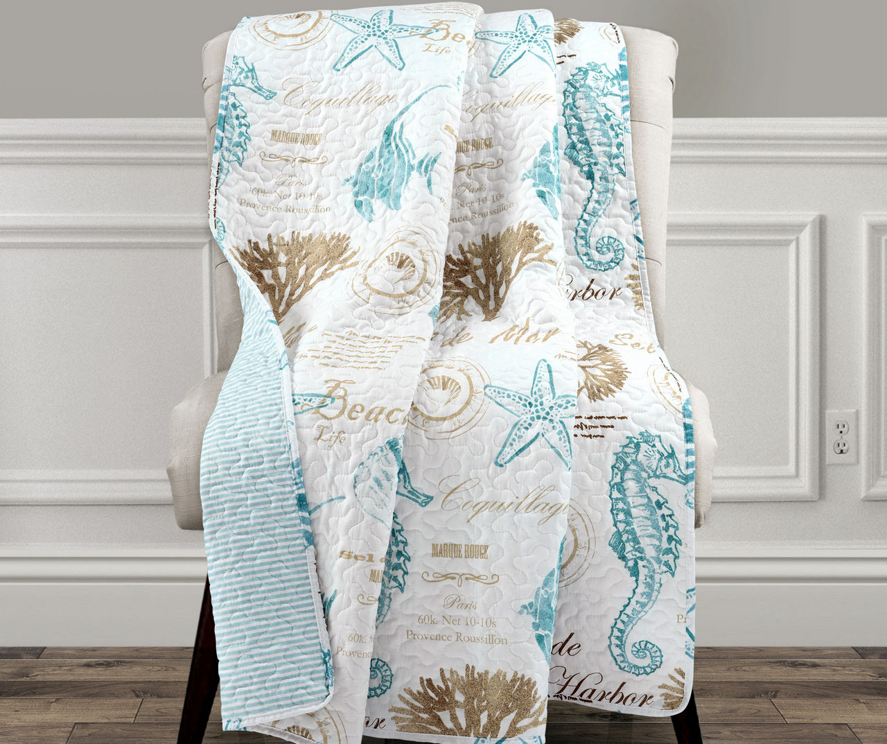 Lush Decor White & Blue Harbor Life Quilted Throw, (50