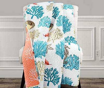 White, Blue & Coral Coastal Reef Quilted Throw, (50