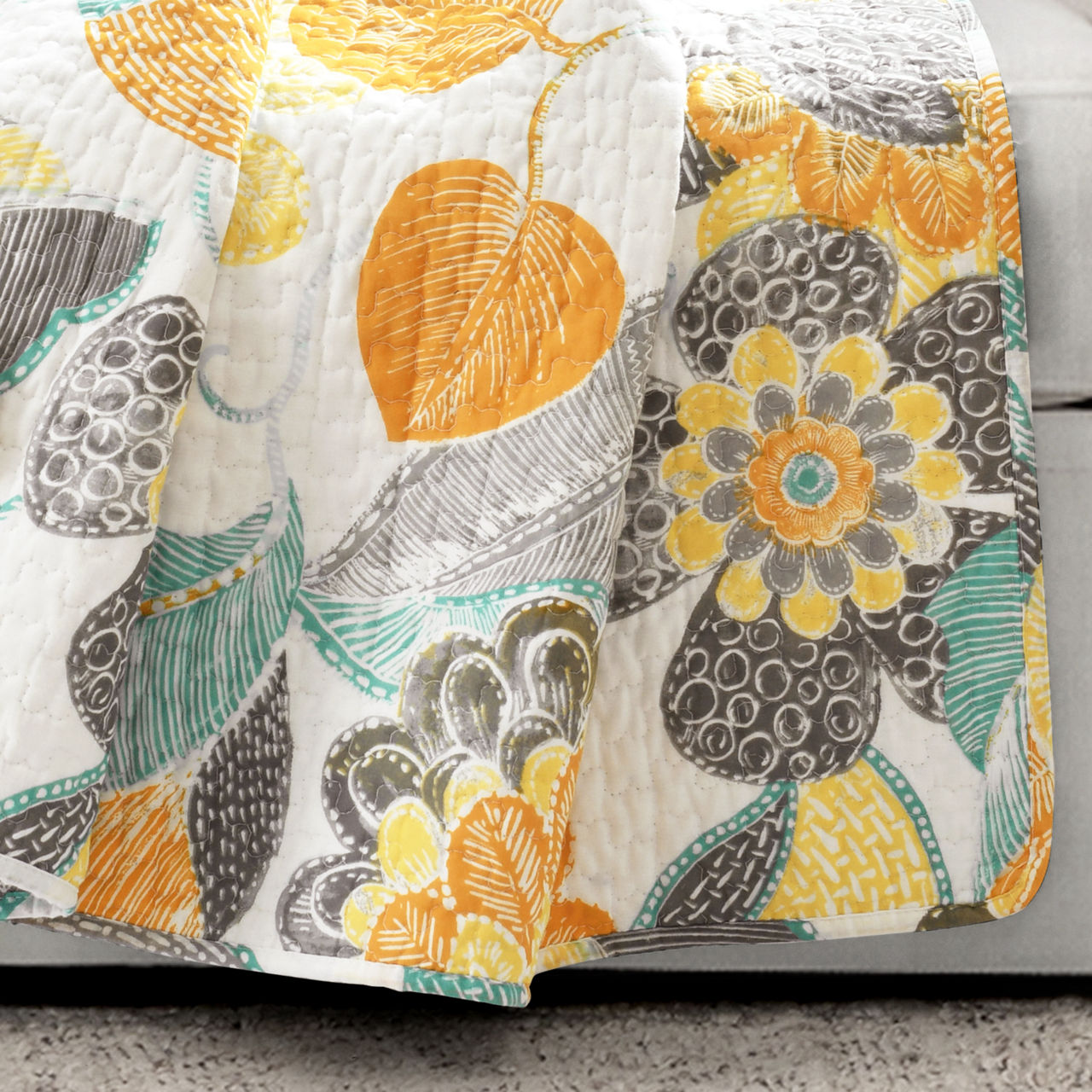 Layla Yellow & Gray Floral Quilted Throw, (50