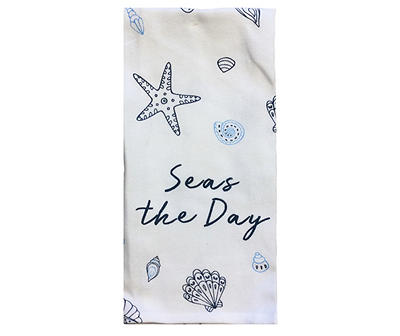 Coastal "Seas the Day" White & Blue 2-Piece Kitchen Towel Set
