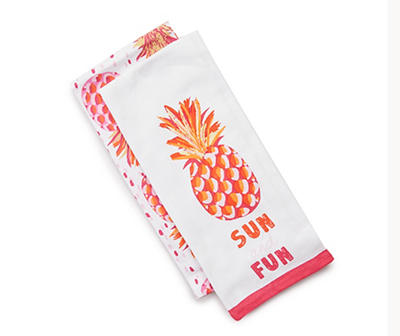 Coastal "Sun & Fun" White & Pink Pineapple 2-Piece Kitchen Towel Set