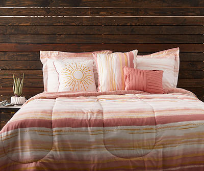 White & Pink Burst Stripe Bed-in-a-Bag King 10-Piece Comforter Set