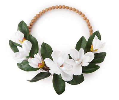 White Magnolia Half Wreath With Wood Beads