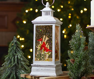 Cardinals & Pine Trees LED White Lantern Snow Globe