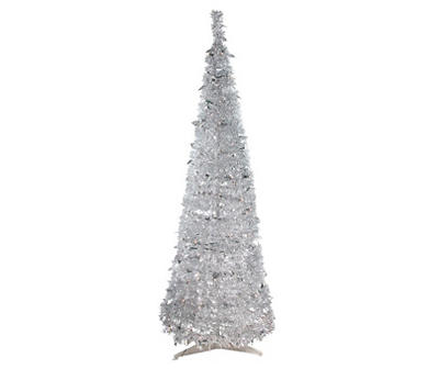 6' Silver Tinsel Holly Leaf Pre-Lit Pop Up Artificial Christmas Tree with Clear Lights