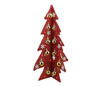 28" Red Snowflake & Ornament LED Tinsel Tree