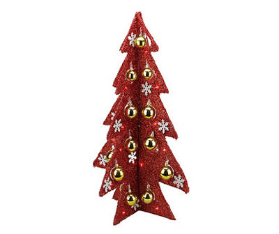 28" Red Snowflake & Ornament LED Tinsel Tree